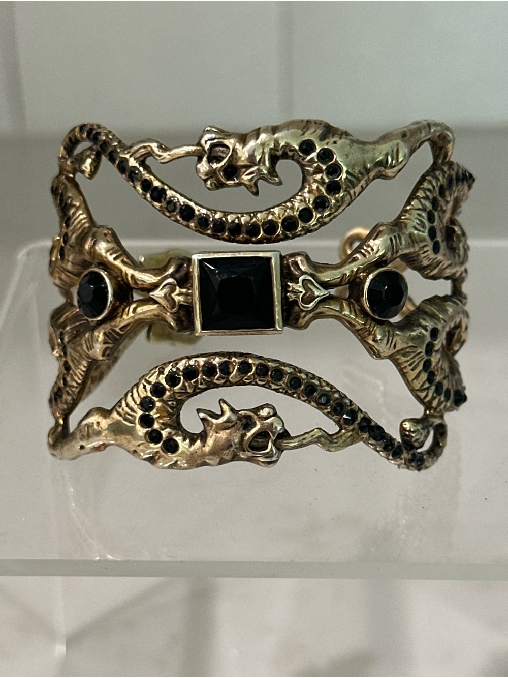 Virgins Saints & Angels Gold serpent dragon Cuff Bracelet with Black crystals.